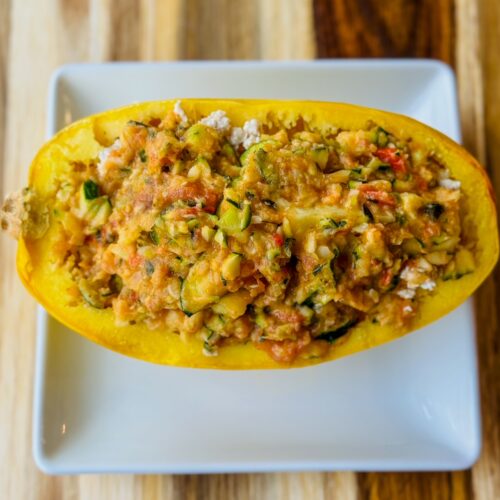 Loaded Turkey Spaghetti Squash with Roasted Veggie Sauce featured in the press