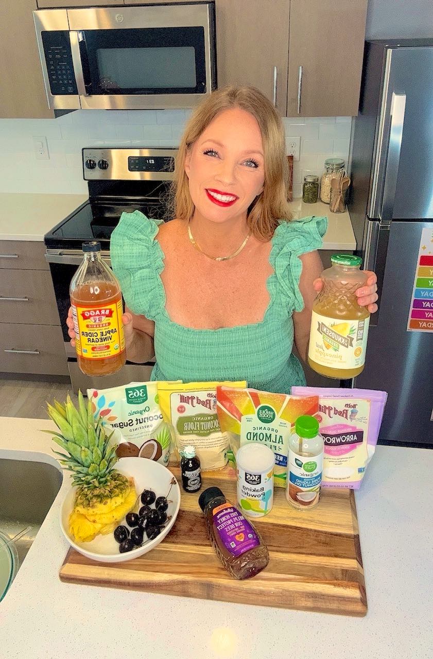 clean eating ingredients to make a healthy pineapple upside down cake, gluten-free