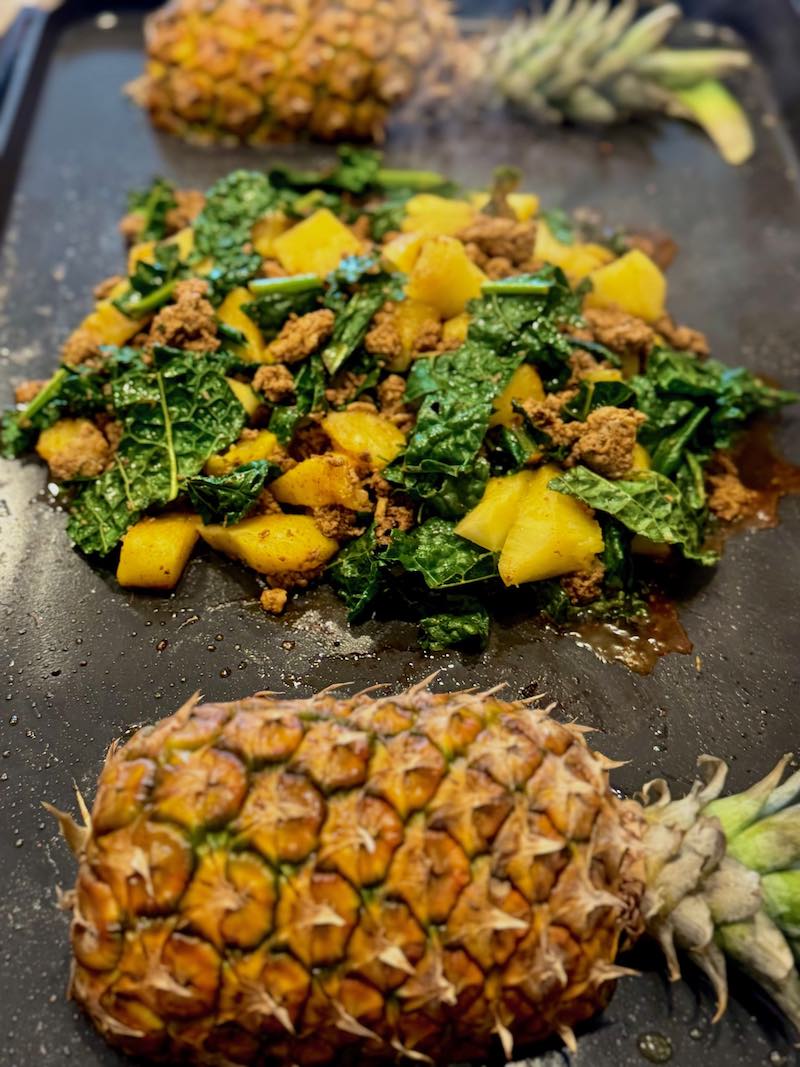 clean eating recipe cooking on the griddle, pineapple halves