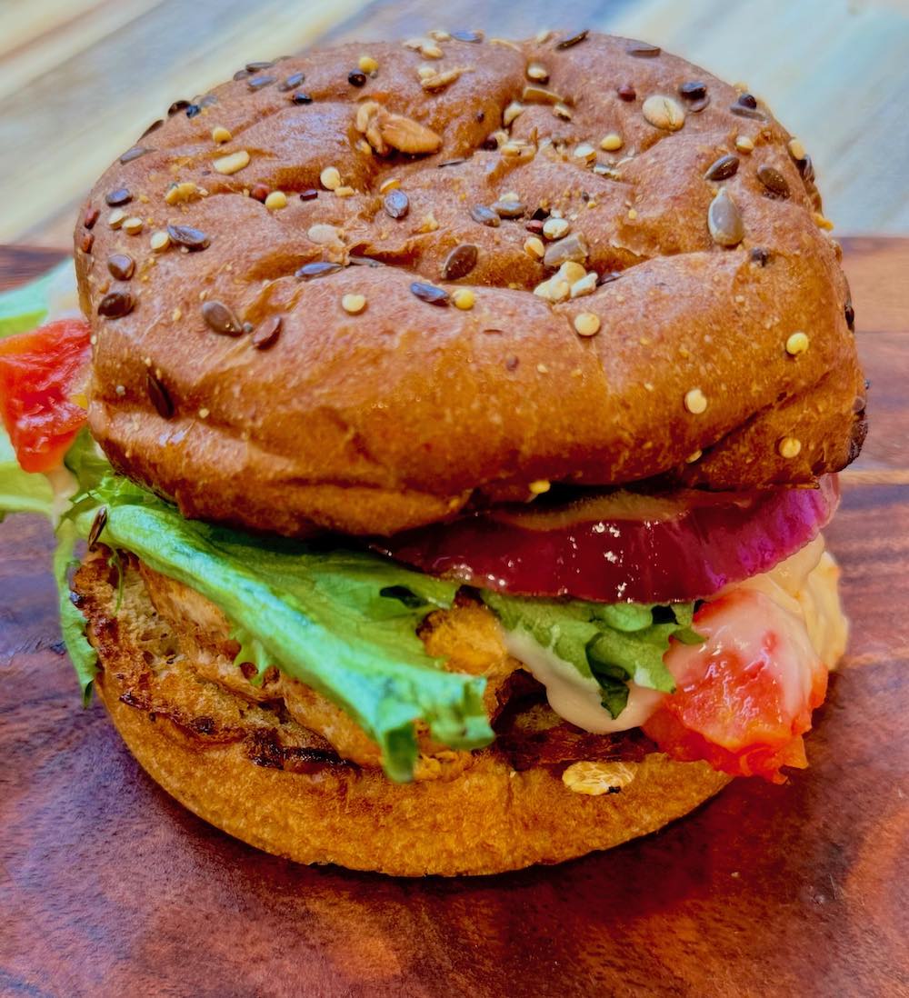 turkey taco burger with onion, cheese, lettuce, tomato