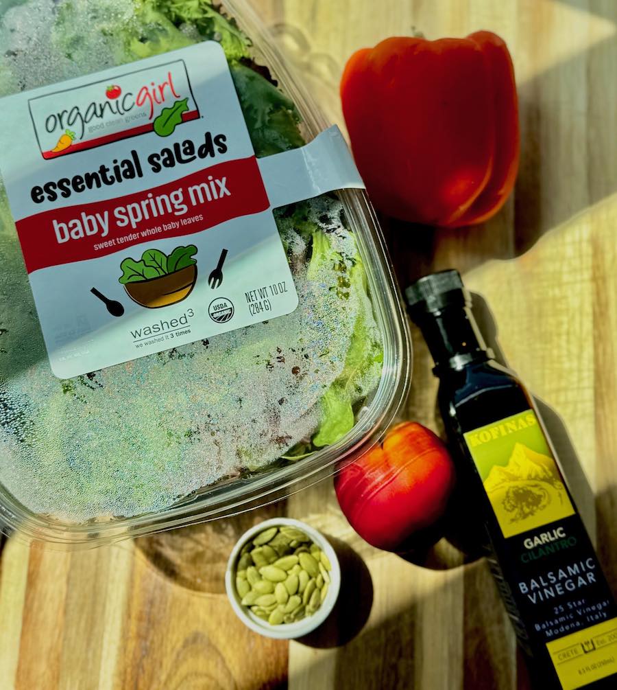 raw greens and pepitas, bright pepper, balsamic vinegar