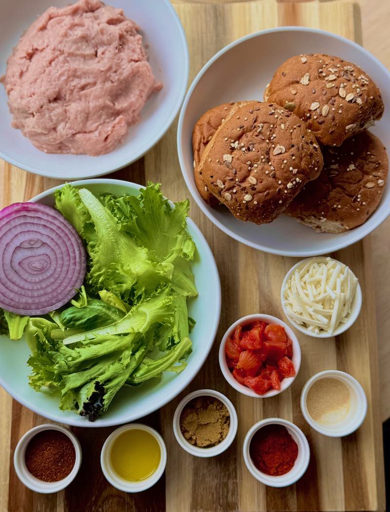 ground turkey, taco seasonings, buns
